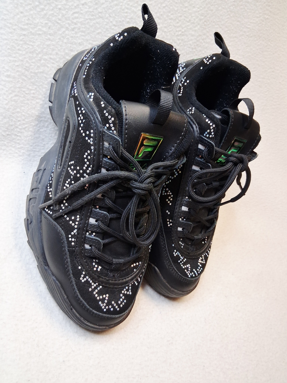 Fila Black Chunky Sneakers with White Rhinestone Accents